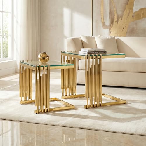 2-Piece Tempered Glass Coffee Table Set, Modern Nesting Tables with Gold Stainless Steel Frame, Space-Saving Accent End Tables for Living Room, Gold+Glass