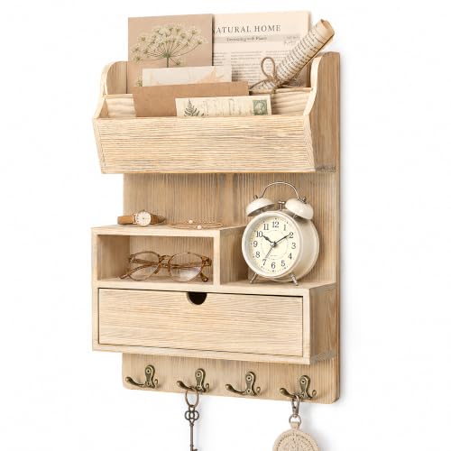 Rebee Vision Pine Wood Key Holder Wall Mount with Drawer, NaturalWood | Farmhouse Mail and Key Organizer, 4 Key Hooks, Mail Sorter for Letters, Keep Small Essentials Tidy, Add Retro Entryway Charm - color: NaturalWood