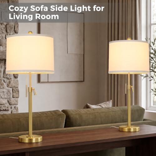 Qingmiao Gold Table Lamps Set of 2, 22" to 30" Adjustable, 3 Way Bulbs | Adjustable Height Nightstand Lamps for Bedroom,Dimmable End Table Lamp for Living Room Console Entry Home Decor Gifts - color: Gold with Metal Base
