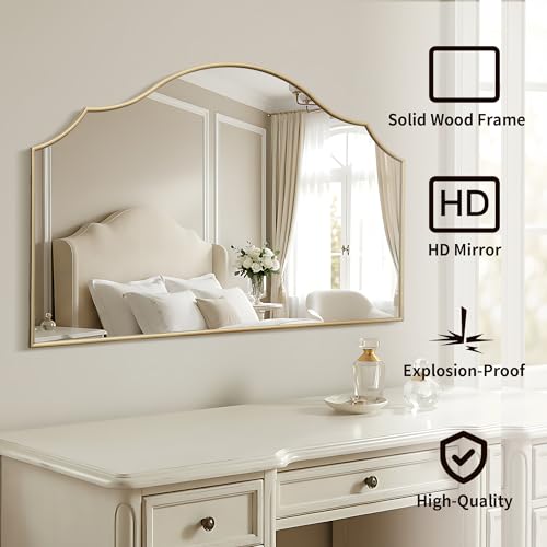 Besdomus Gold Scalloped Wall Mirror: 47"x31" Large Wooden Fireplace Mirror | Modern Minimalist Decorative Arched Mirror for Vanity/Dresser/Bedroom/Entryway/Bathroom/Living Room/Dining Room/Over Sink - color: Gold Leaf, size: 31"L x 47"W