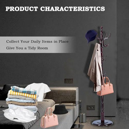 Coat Racks FreeStanding with 14 Hooks, Natural Wood Coat Rack with Solid Round Base, Adjustable Height Coat Racks, Easy Assembly for Hallway, Bedroom and Office (Solid Wood Fenghuang Gou) - color: Solid Wood Fenghuang Gou