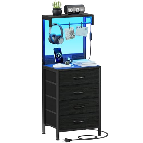 Tall Nightstand with Charging Station, Bed Side Table & End Table | 4 Fabric Drawers and Storage Wood Shelves, Dorm Nightstand with LED Light, Black Night Stand for Bedroom, Dorm, Hallway - color: Black Oak