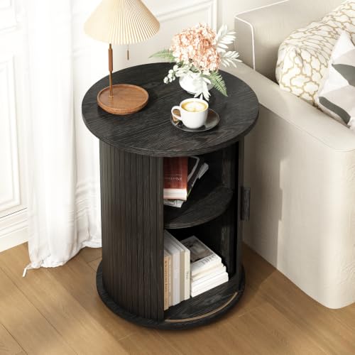 Wnutrees Round Fluted End Table, Small Accent Pedestal Side Table, Black | Wood Nightstand with Sliding Door & 2 Tier Shelf, Bedside Unit for Living Room, Bedroom - color: Black