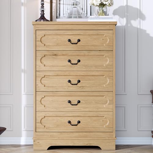 5 Drawer Dresser for Bedroom Natural Bedroom Dresser 46" Tall Wood Cabinet | Farmhouse Wooden Chest of Drawers, Rustic Wide Drawers Dressers, Hallway, Living Room - color: Natural, size: 15.7"D x 31.5"W x 46.4"H (5 Drawers)