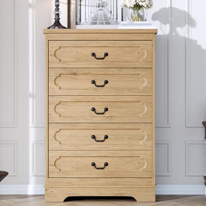 5 Drawer Dresser for Bedroom Natural Bedroom Dresser 46" Tall Wood Cabinet | Farmhouse Wooden Chest of Drawers, Rustic Wide Drawers Dressers, Hallway, Living Room - color: Natural, size: 15.7"D x 31.5"W x 46.4"H (5 Drawers)