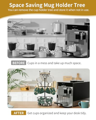360° Rotating Coffee Cup Holder Tree | 3-Tier Metal Mug Rack with 10 Hooks, Coffee Bar Organizer Decor for Kitchen Countertop