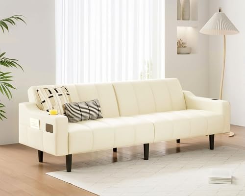 Brelice 80'' Leather Couch, Futon Sofa Bed, Faux Leather Couch with Adjustable Backrest, 2 Cup Holders & Side Pockets, Mid Century Modern Sofa for Living Room, Bedroom, Cream White - color: Faux Leather Cream White
