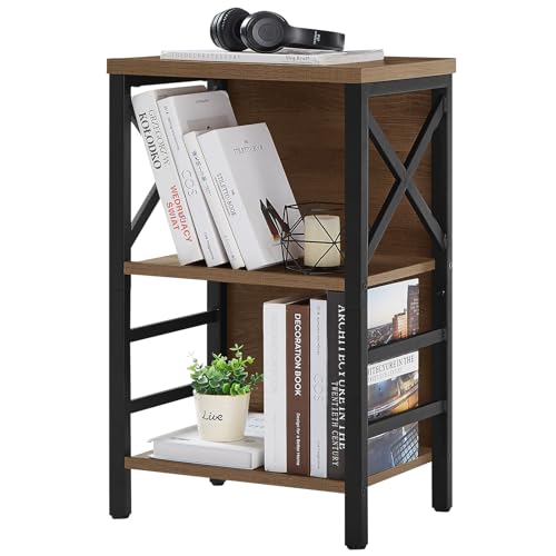MNEETRUNG Small Bookshelf, 3 Tier Industrial Shelf with Metal Frame and Backboard, Low Rustic Brown Book Shelf, Small Bookcase for Small Spaces,Bookshelf for Living Room, Bedroom & Home Office - color: Brown, size: 3-Tier (15.7"W x 11.8"D x 27.6"H)