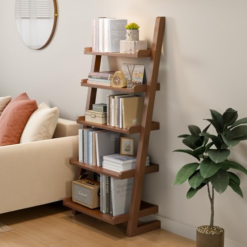 AQIMUELE Walnut Wooden Ladder Shelf with Edges, 5-Tier Modern Leaning Bookshelf Ladder – Stylish Space-Saving Bookcase for Living Room, Bedroom & Home Office - color: Walnut
