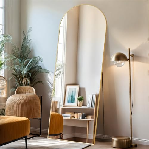 Arched Mirror Full Length, 21"x64" Body Wall Mirrors with Shatter-Proof Glass, Floor Standing, Hanging or Leaning, Large Tall Arch Mirror with Stand Aluminum Alloy Frame for Bedroom Cloakroom - color: Gold, size: 64"L x 21"W, style: Arched