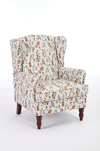 GDFStudio Modern Wingback Accent Chair with Solid Wood Legs and Cushion, Comfy Upholstered Floral Pattern Armchair, Retro Leisure Single Sofa Chair for Living Room Bedroom Home, Brown+Yellow - color: Brown+yellow