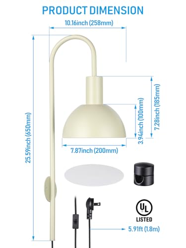 TORCHSTAR 26 Inch Wall Light Fixture, Metal, Plug-in, E26 Base, Green | Wall Mounted Lamp with On/Off Switch for Living Room, Reading Nook, Bedroom, Bulb Not Included - color: Green