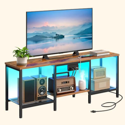 HOOBRO 충전 스테이션이 있는 TV 스탠드, 139.7cm(55인치), LED 엔터테인먼트 센터, 거실, 침실용 오픈 보관 선반이 있는 미디어 TV 콘솔 테이블, 러스틱 브라운 및 블랙 BF122UDDS01 - color: 러스틱 브라운 + 블랙