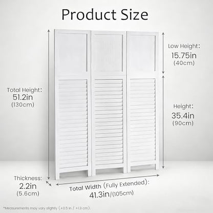 1 Pack 3 Panel Wood Short Room Divider Folding Screen White | Freestanding Modular Louvered Partition Screen For Bedroom Home Office Apartment Privacy - color: White