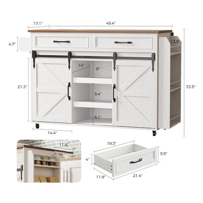 IRONCK Kitchen Island with Storage, Rolling Kitchen Island Cart with Drop Leaf Countertop and Pull-Out Shelf, Barn Doors, for Dining Room, Home Bar, White