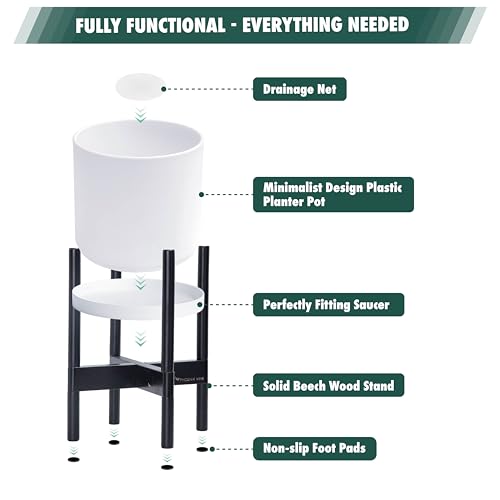 D'vine Dev Plastic Pot with Ebony Wood Stand, White, 16 in, 55-C-Z-1 | Mid-Century Inspired Design, Elevated Plant Display, Clean Lines, Sturdy Support, Modern Space-Saving Style - color: Matte White Pot + Ebony Stand, size: 16 Inch