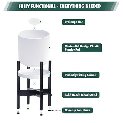 D'vine Dev Plastic Pot with Ebony Wood Stand, White, 14 in, 55-C-T-1 | Mid-Century Inspired Design, Elevated Plant Display, Clean Lines, Sturdy Support, Modern Space-Saving Style - color: Matte White Pot + Ebony Stand, size: 14 Inch