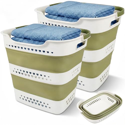2 Pcs 42L/11.2 Gal Collapsible Laundry Basket - Foldable Plastic Pop Up Hamper with Handles, Space-Saving Storage Organizer for Wet & Dry Clothes, Ideal for Home, Dorm and Apartment Use Green - style: 42L-2green