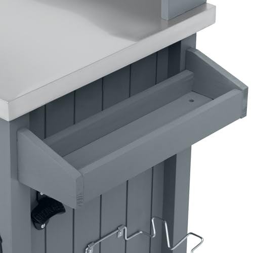 54.1" Outdoor Kitchen Island with High Shelf, Stainless Steel Top & Lockable Wheels, Solid Wood Grill Cart for BBQ, Potting Bench with Storage Cabinet & Adjustable Shelves (54.1" Grey Blue) - color: 54.1" Grey Blue
