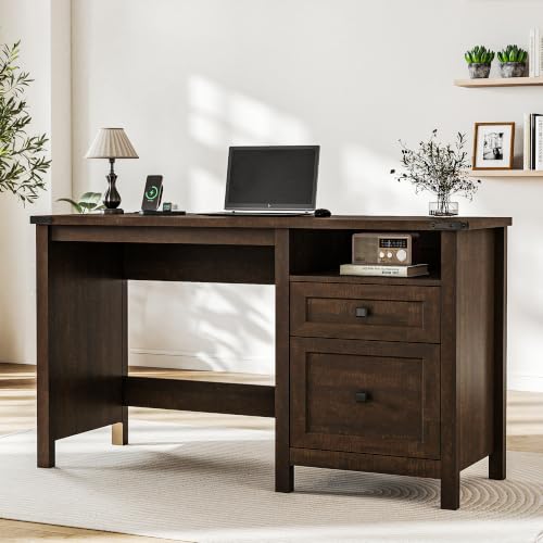 Farmhouse Executive Desk with Charging Station, 45″ Home Office Computer Desk with Drawer & Open Shelf, Writing Desk for Small Space,Dark Brown - color: Dark Brown