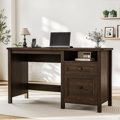 Farmhouse Executive Desk with Charging Station, 45″ Home Office Computer Desk with Drawer & Open Shelf, Writing Desk for Small Space,Dark Brown - color: Dark Brown