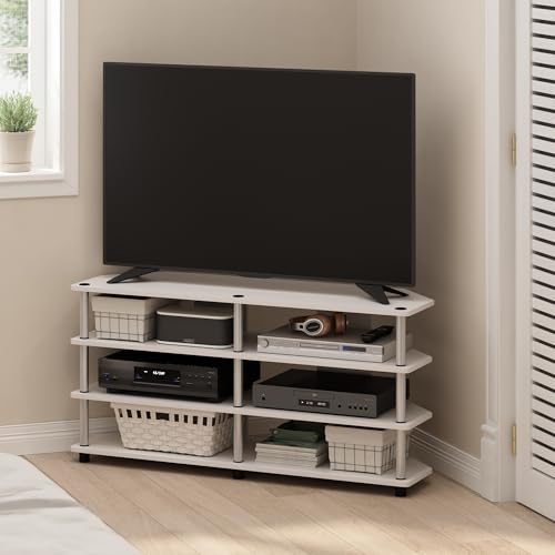 Furinno ECON TV Stand, 4-Tier Wide Corner Entertainment Center, TV Console for TV up to 55 Inch, Easy Assembly, for Living Room, Bedroom, White Oak/Stainless Steel Tubes - color: White Oak/Stainless Steel, size: For 55" TV, Corner 4-Tier
