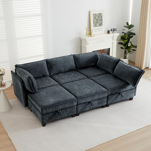 Sectional Couch with Storage, Modular Sectional 3 Seater Couch with 3 Ottomans for Home Living Room, Lounge Modular Sofa Convertible for Bedroom, Office - color: Navy Blue, size: 3 Seater+3 Ottomans
