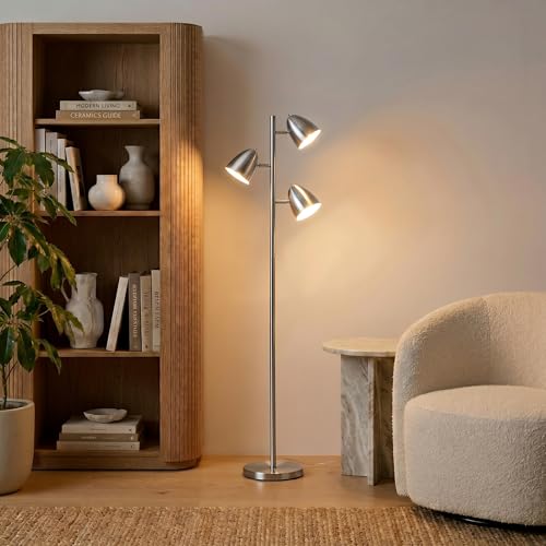 Brightech Jacob LED Standing Lamp, Modern Bright Floor Lamps for Living Rooms & Bedrooms, Tall LED Lighting Lamp with Adjustable 3 Light Tree – Satin Nickel - color: Nickel