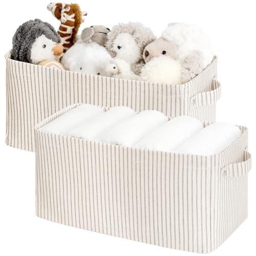 StorageWorks Narrow Storage Bins, Khaki and Beige Stripes, 2-Pack | With Metal Frame, Sturdy Structure, Reinforced Handles, Long Basket for Toilet Paper, For Bathroom, Closet, Shelf - color: Khaki and Beige Stripes, size: 15"L x 7¾"W x 7¼"H