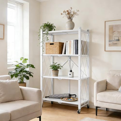 4-Tier Foldable Storage Shelf with Wheels, Metal Collapsible Shelving Unit, Heavy-Duty Rolling Cart for Kitchen Pantry Garage Office, Pre-Assembled Organizer Rack – White - size: 4-Tier White