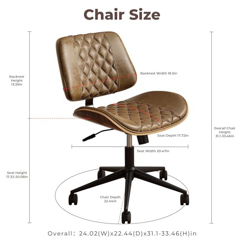 Home Office Chair No Arms with Wheels, Armless Adjustable Height Small Desk Chair, Armless PU Leather Computer Chair Mid Back 360 Swivel, Modern Walnut, Reading Meeting Room (Brown) - color: Brown