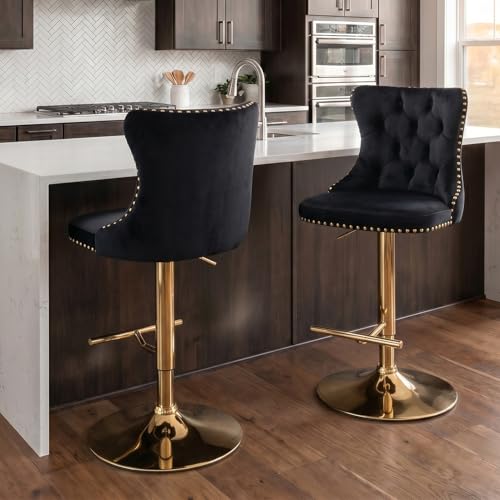 Velvet Bar Stool Set of 2, Adjustable Swivel Bar Stools with Gold Plated Metal Leg, Button Tufted, Footrest, Chrome Nailhead, Counter Height Chair for Kitchen, Bar, Dining Room (Black) - color: Black-gold Leg, size: Set of 2