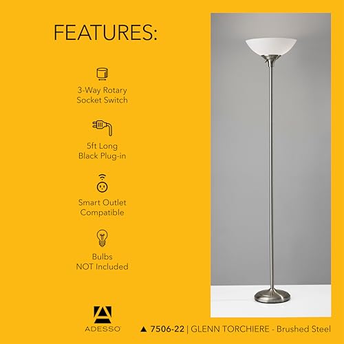 Adesso Dual-Socket Floor Lamp, Brushed Steel & White, 3-Way, 71” - color: Brushed Steel