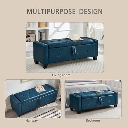 Storage Bench, 48‘’ Upholstered PU Leather Ottoman Bench with Button-Tufted, Folding Bedroom Bench with Wood Legs, Entryway Bench for Bedroom, Navy Blue - color: Navy Blue