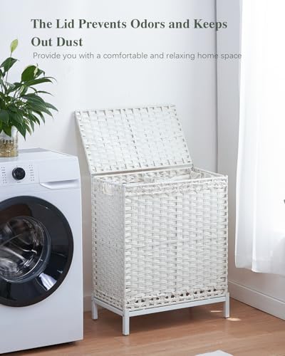 SETVSON Laundry Hamper with Lid, 112 L Handwoven Rattan, Cloud White | 2-Section Large Basket, 2 Removable Liner Bags, 3.34-In Heightened Metal Feet, 6 Mesh Laundry Bags, Side Handles - color: Cloud White, size: 112 L - 29.6 gal