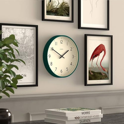 JONES CLOCKS® Studio Clock | Modern Round wall Clock | 12" | Dark Green | Easy to Read Numbers | Versatile Design for Kitchen, Living Room or Office - color: Eden Green