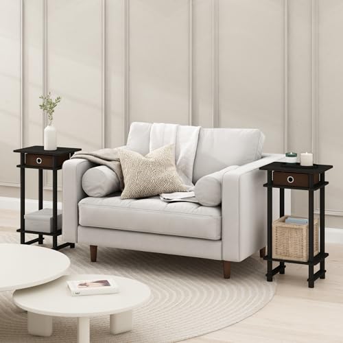 Furinno Modern Side Table Set of 2, 3-Tier End Table with Storage Bin, Open Shelf Night Stand, Bedside Table, for Living Room, Bedroom, Black Espresso - color: Black Espresso/Brown, size: 2-Pack