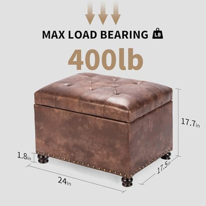 Leather Storage Ottoman, 24" Rectangle Tufted Square Upholstered Bench, Foot Rest Stool with Wood Legs, Footstool for Living Room Bedroom, Coffee - color: Coffee