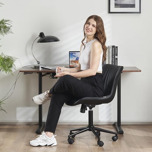 YOUTASTE Black Modern Office Chair, Armless Swivel PU Leather Desk Chair with Wheels, Height Adjustable Rolling Computer Chair with Metal Legs for Bedroom, Home Office, Study, or Vanity - color: Black