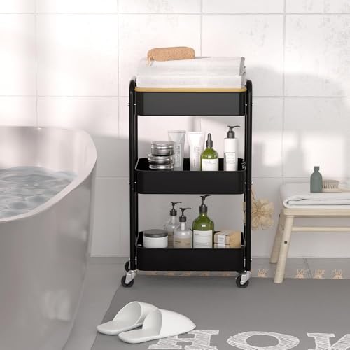 3 Tier Metal Utility Cart, Rolling Storage Cart with Wooden Tabletop, Metal Organizer Cart with Lockable Wheels for Office, Bedroom, Kitchen and Living Room (Black) - color: Black