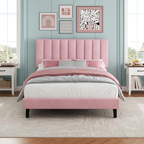 Garvee Full Size Platform Bed Frame with Upholstered Headboard, Pink | Fully Velvet Upholstered Mattress Foundation with Height Adjustable Headboard, No Box Spring Needed, Easy Assembly - color: Pink, size: Full
