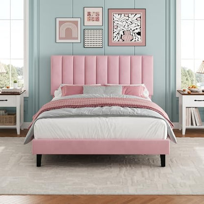 Garvee Full Size Platform Bed Frame with Upholstered Headboard, Pink | Fully Velvet Upholstered Mattress Foundation with Height Adjustable Headboard, No Box Spring Needed, Easy Assembly - color: Pink, size: Full