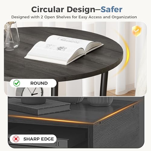 OLIXIS 21.85-Inch Round End Table, 2-Tier Side Table for Living Room, Accent Stand with Storage Shelf, Sturdy Metal Frame Nightstand for Small Space, Round Bedside, Grey Wood Grain - color: Grey Wood Grain