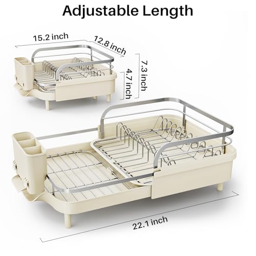 SNTD Expandable Dish Drying Rack for Kitchen Counter, 15.2-22.1 in, Beige | Rust-Resistant Stainless Steel, Protective Side Rails, Self-Draining Drainboard, Removable Utensil Holder - color: Beige