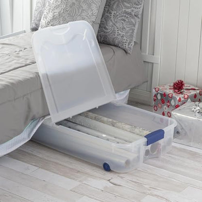 Storage Box, 66 Quart, Clear Underbed Bin with Lid and Wheels, Blue
