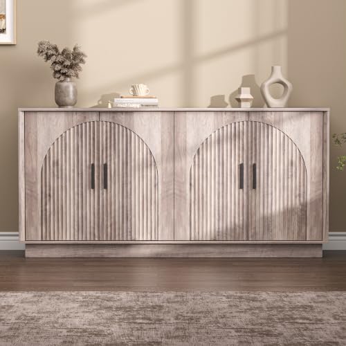 Buffet Cabinet with Storage, 31.5" W Fluted Sideboard Buffet Cabinet with Adjustable Shelves, Single-Box Modern Wood Credenza Accent Storage Cabinet for Dining Room Living Room Hallway, Grey - color: Grey, size: 65'' WIDE