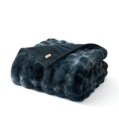 Faux Rabbit Fur Bubble Throw Blanket, 50"x60", Marble Deep Indigo | Ultra Soft, Luxury Faux Rabbit Fur Throw, Thick Warm Bubble Blanket, Cozy Fluffy Reversible, for Bed, Couch, Chair, Sofa - color: Deep Indigo Marble, size: 50"x60"