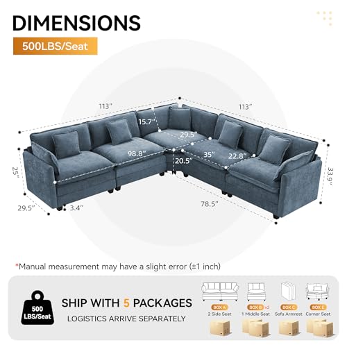 113'' V Shaped Cloud Sectional Sofa, Oversized Deep Seat Couches for Living Room, Chenille Comfy Upholstered Modular Sectional Sofa Couch,Blue - color: Blue, size: 113'' V Shape
