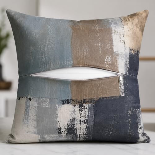 Brown Grey Abstract Throw Pillow Covers 16x16 Set of 4 | Brown, Grey & Taupe Modern‑Art Cushion Cases, neutral aesthetic pillowcases for sofa, bedroom & chair - color: Earth Tone Brown and Blue Grey, size: 16" x 16" (Pack of 4)