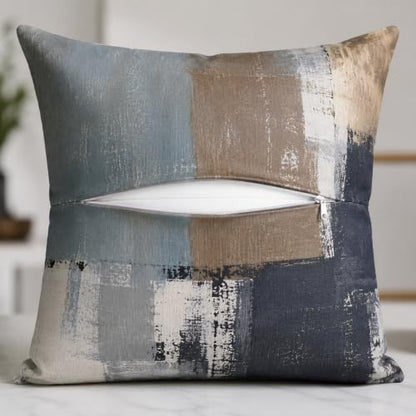 Brown Grey Abstract Throw Pillow Covers 16x16 Set of 4 | Brown, Grey & Taupe Modern‑Art Cushion Cases, neutral aesthetic pillowcases for sofa, bedroom & chair - color: Earth Tone Brown and Blue Grey, size: 16" x 16" (Pack of 4)